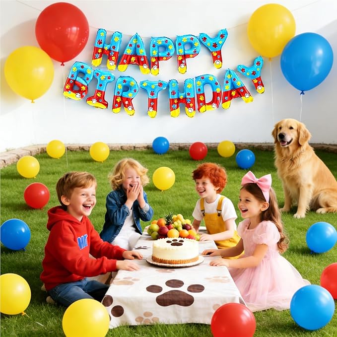 YIIHMEI Cartoon Dog Paw Print Happy Birthday Banner Party Decorations Balloons with Yellow Blue and Red Style Letters Signs Party Supplies for Kid's