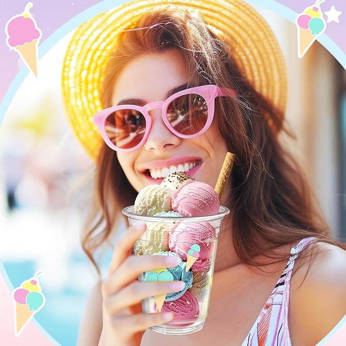 Uiifan 50 Pcs Ice Cream Party Supplies Sprinkle Ice Cream Cups Bulk Sweet One Birthday Party Decorations Disposable Clear Plastic Drinking Cups for Dessert Hot Cold Coffee Wedding Favor Baby Shower