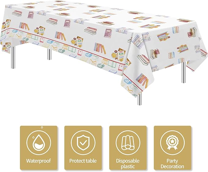 Book Themed Party Decorations Tablecloth, Disposable Book Club Birthday Party Supplies Tablecover, Library Reading Theme Baby Shower Table Cloth, 3 Pcs, 54in x 108in