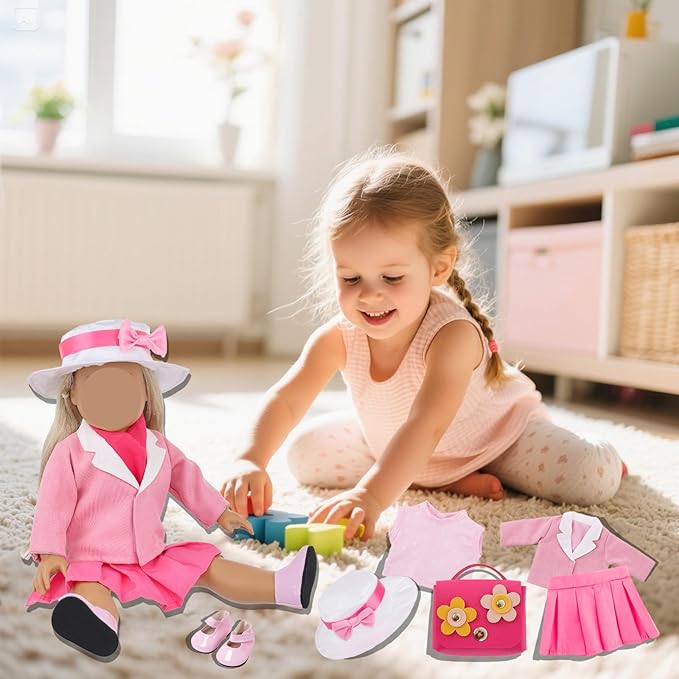 18 Inch Doll Clothes and Accessories, 8 Pcs Girl American Doll Clothing Includes Blazer Vest Pleated Skirt Hat Scarf Handbag Shoes Mobile Phone Travel Gear Play Set Birthday Gift for Age 3 4 5 6 Girls