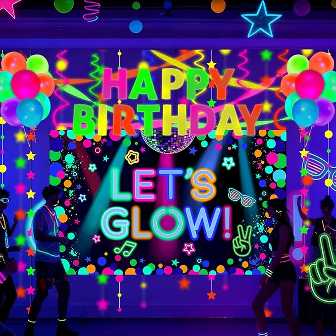 Glow in the Dark Party Supplies - Let’s Glow Backdrop, UV Banner, Balloons, Paper Streamers, Neon Garland for Blacklight Neon Birthday Party Decorations
