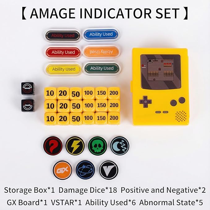 33-Piece TCG Damage Counter dice Set with Status Markers, VSTAR & GX Cards - TCG Accessories in Storage Box (Classic Color)