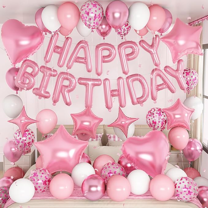 Pink Birthday Decorations for Girls Pastel Light Baby Pink Metallic Whte Confetti Latex Balloon Happy Birthday Banner Heart Foil Balloon 18/10 Inch Star Balloons for Women Bday Party Supplies
