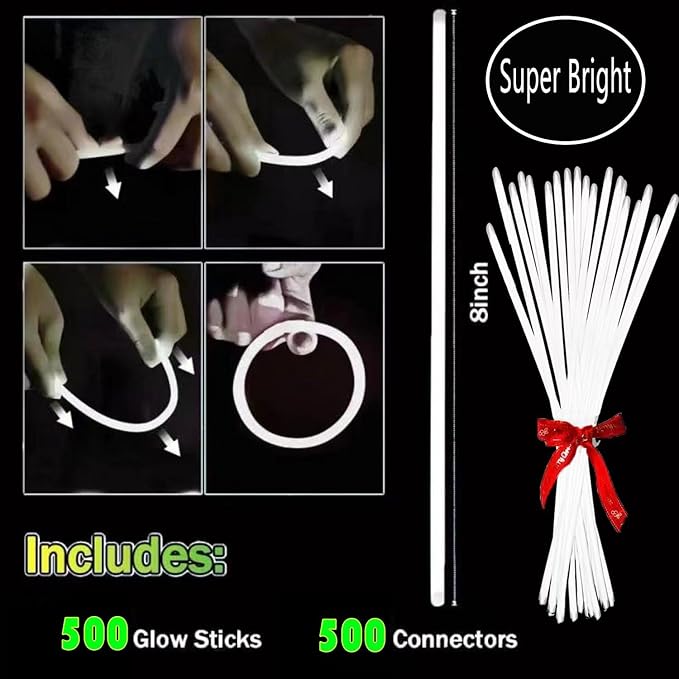 500 PCS White Glow Stick Bracelets Necklaces 8" Glowsticks with Connectors Bulk Glow in The Dark Party Supplies Light Up Neon Party Favor for Christmas NewYear Valentine’s Day Wedding