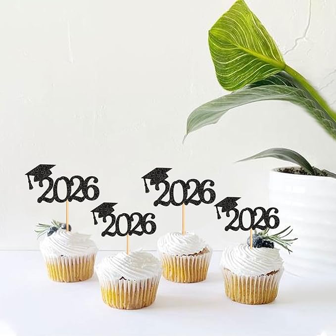 24Pcs graduation cupcake toppers 2026, Food/Appetizer Picks For Graduation Party Mini Cake Decorations, 2026 Cupcake Toppers(Black)