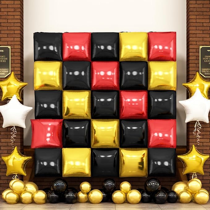Black Red Gold Square Foil Balloon Wall,25Pcs Double Sided Foil Balloons Backdrop Helium Polyester Tunnel Arch Garland Kit for Birthday Bridal Anniversary Baby Shower Party Decorations