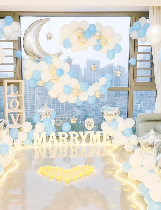 Blue White and Silver Balloons - Over The Moon Baby Shower Decorations with String Lights, Moon and Star Balloon for Boys Girls Twinkle Twinkle Little Star Gender Reveal Decorations