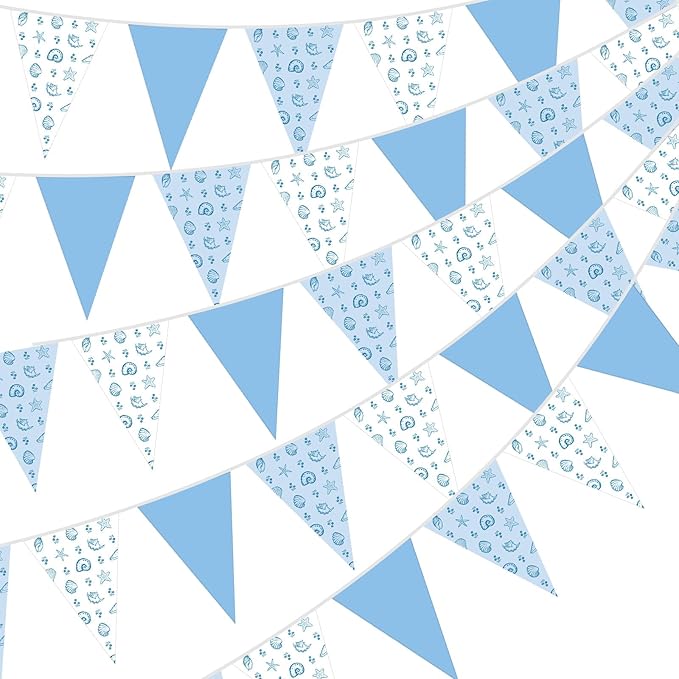 Jetec 5 Pcs 49 Ft Coastal Paper Pennant Banner Garland Nautical Blue and White Bunting Flags Coastal Bachelorette Decorations for Beach Wedding, Baby Shower, Summer Birthday, Indoor Outdoor Decor