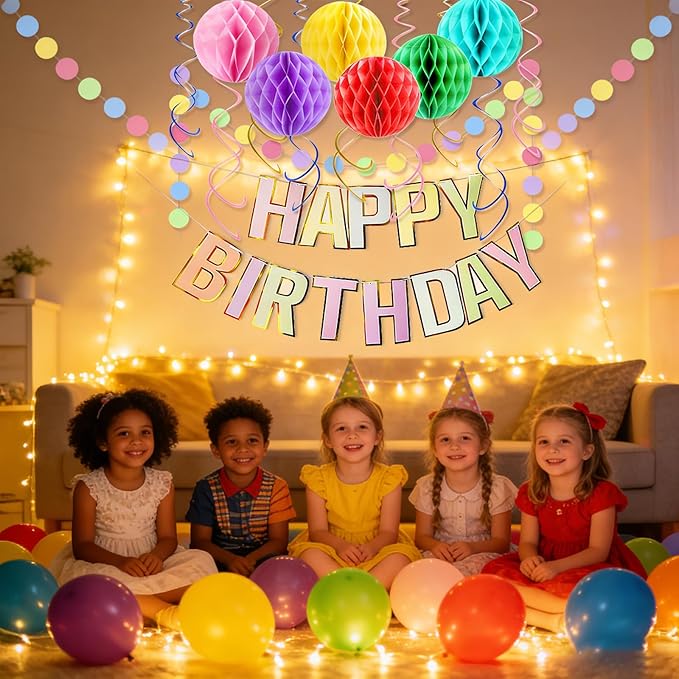 Birthday Banner Decorations with Honeycomb Balls, Stars, Circle Dots Garland Swirl Streamer Happy Birthday Party Decorations Supplies for Party(Macaron)