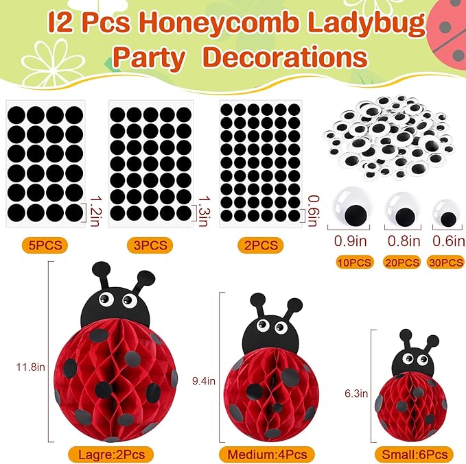 Amyhill 12 Pcs Large Ladybug Birthday Party Decorations Hanging 3D Ladybug Honeycomb Centerpieces Table Toppers Decoration for Birthday Baby Shower Party Supplies