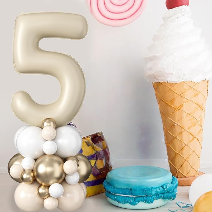 40 Inch Cream Number 5 Birthday Balloon Beige White Sand Number Five Foil Balloon Tower Giant Large Nude Neutral Digit Helium Balloons Stack Stand for Girls Boys 5th Anniversary Party Decoration