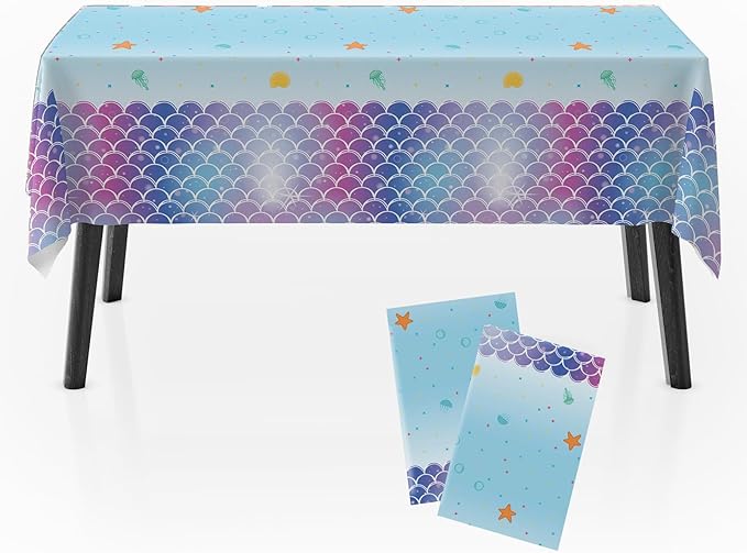 Mermaid Tablecloth 54×108 in, Under The Sea Plastic Table Cloth, Ocean Table Cover with Colorful Fish Scales, Starfish and Seashell, Disposable Plastic Party Tables Decor