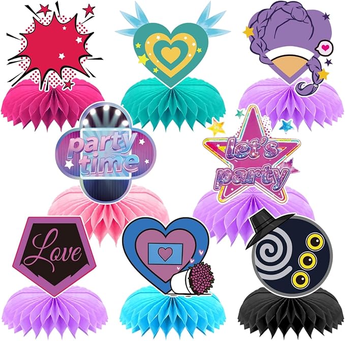 8Pcs Purple Demon Birthday Party Supplies, Hunters Honeycomb Centerpieces,Singer Movie Theme 3D Table Decorations