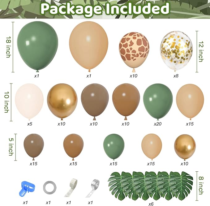 170Pcs Jungle Safari Balloons Garland Kit, Safari Baby Shower Decorations Sage Green Brown & Animal Print Balloons Palm Leaves for Woodland Themed Giraffe Wedding Two Wild One Birthday Party Supplies
