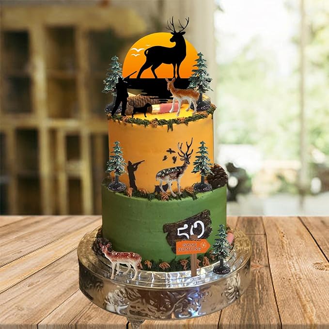 13PCS Deer Hunting Cake Topper Deer Hunter Cake Decoration Set Deer Tree Green Camo Hunting Birthday Decorations for Camo Camping Hunting Birthday Baby Shower Party Supplies