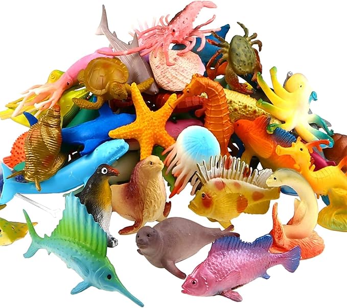 Funcorn Toys Ocean Sea Animal, 52 Pack Assorted Mini Vinyl Plastic Animal Toy Set, Realistic Under The Sea Life Figure Bath Toy for Child Educational Party Cake Cupcake Topper,Valentines Day Gift