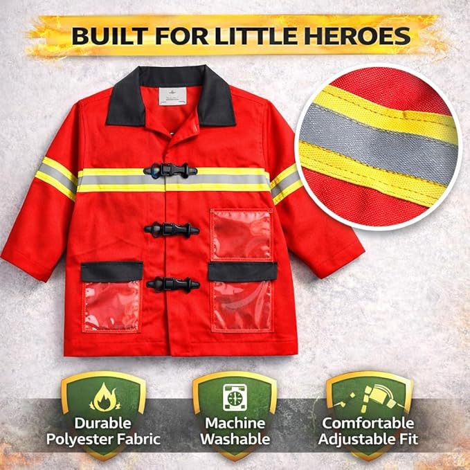 12 Piece Kids Fireman Costume Gear Firefighter Chief Dress Up Clothes for Role Play Toy Set with Backpack Water Gun, Fire Extinguisher and Accessories