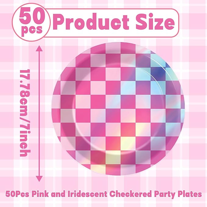 50PCS Pink and Iridescent Checkered Party Plates for Iridescent Party Decorations 7 Inches Laser Round Paper Plates Foil Dessert Plate for Girl Birthday Wedding Baby Shower Parties Supplies