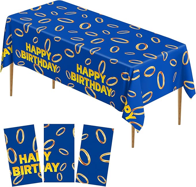 3 Pcs Blue with Gold Ring Print Plastic Tablecloth 108 x 51.2 Inches Table Cover Blue with Gold Ring Party Decor for Boys Girls Birthday Party Supplies