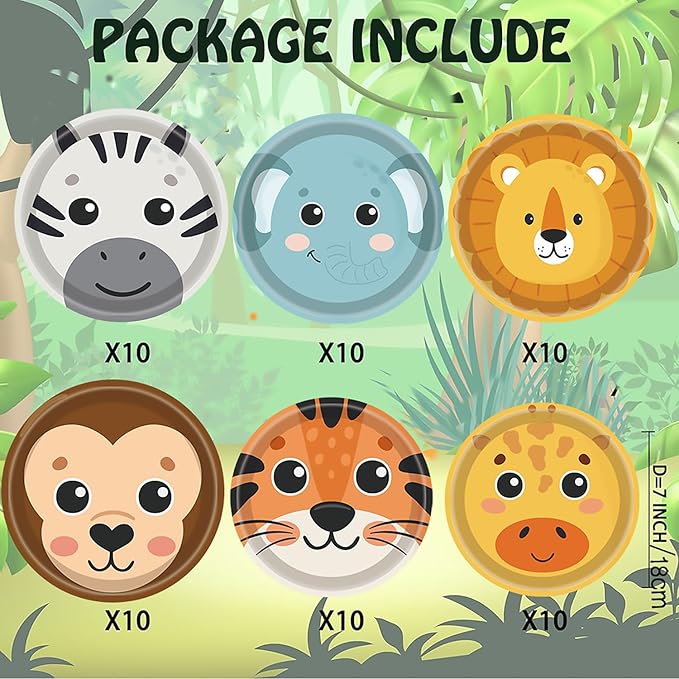 60Pcs Jungle Safari Paper Plates Zoo Animal Print Party Supplies 7" Animal Shaped Plates Safari Theme for Baby Shower Jungle Animal Theme Birthday Party Decorations