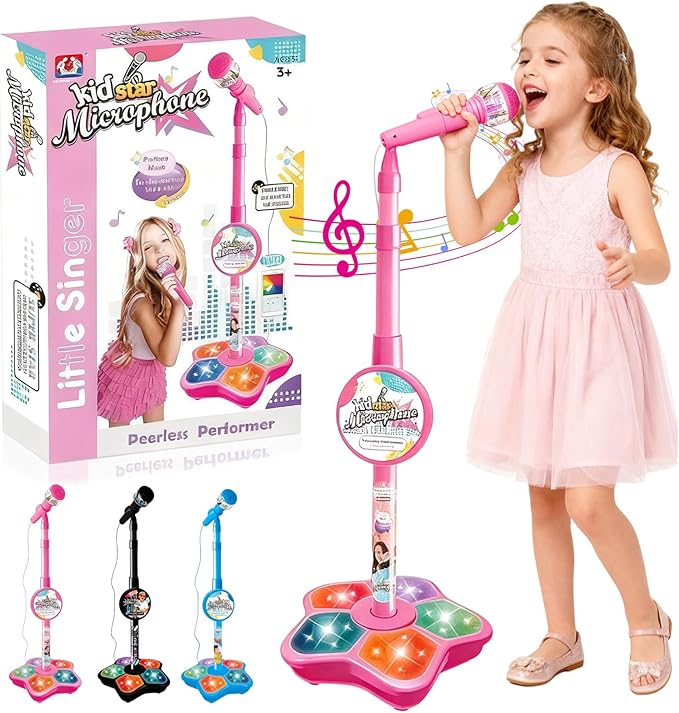 2026 New All-in-One Microphone Toy, Kids Microphone with Adjustable Stand, Speaker & LED Lights, Funny Karaoke Microphones Toy for Boys & Girls, Christmas Birthday Gifts for Little Singers (Pink)