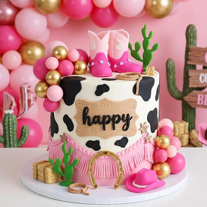 Knana 21Pcs Pink Cowgirl Birthday Cake Topper Cowgirl Hat Cake Topper with Pink Boot for Western Cowgirl Birthday Party Supplies