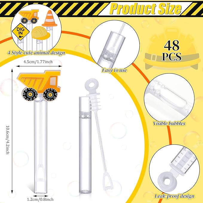 48 Pcs 4.2'' Mini Bubble Wands Bubbles Party Favors Birthday Party Supplies Favor Decorations for Gift Back to School Goodie Bag, Contains Liquid(Construction)