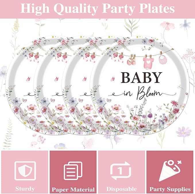 Rakuto Baby Shower Plates Napkins - 50 Pcs Baby in Bloom Baby Shower Decorations, Disposable Spring Floral Wildflower Party Tableware Set Supplies for Gender Reveal Serves 25