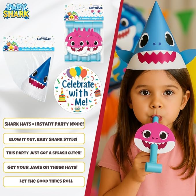 Unique Baby Shark - Party Hats, Blowouts & Sticker Bundle | Officially Licensed | 8 Hats, 8 Blowouts & 1 Sticker Sheet | Birthday Party Supplies Set | Baby Shark Decorations & Favors for Boys & Girls