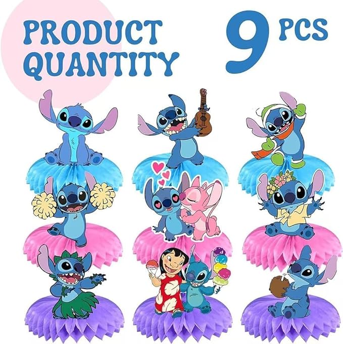 For Stitch birthday party supplies, 9Psc honeycomb center decorations, Stitch party decorations, double-sided desktop , center decorations for parties