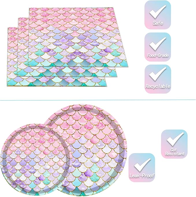 96PCS Mermaid Plates and Napkins Tableware Set Mermaid Party Supplies Mermaid Birthday Party Decorations Ocean Mermaid Theme Birthday Baby Shower Supplies Mermaid Paper Plates Napkins Forks Serve 24