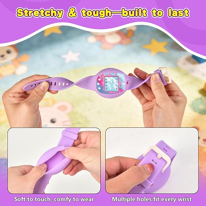 Soft Silicone Wristband for Tamagotchi Original, for Gen 1/2, Neon, Retro Flowers, 90s, Fresh Strawberry, Adjustable Anti-Drop Strap for Kids, Teens, Adults, Parents & 90s Nostalgia Lovers (Purple)
