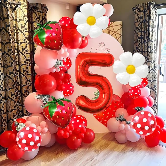 Strawberry Balloons Fifth Birthday Decorations for Girl, 40 Inch Mylar Red Number 5 Balloons, Strawberry Balloon for Strawberry Party Decorations, Strawberry Themed Party