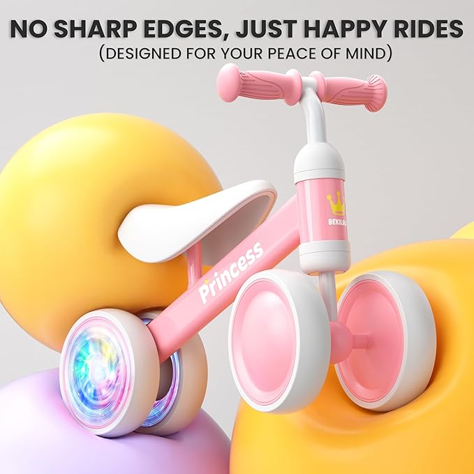 BEKILOLE 1 Year Old Girl Gifts Baby Balance Bike 1st Birthday Girl Gift with LED Light Up Wheels for 12-24 Months Toddlers - ASTM Certified 2-Minute Assembly Pink First Ride On Training Toy
