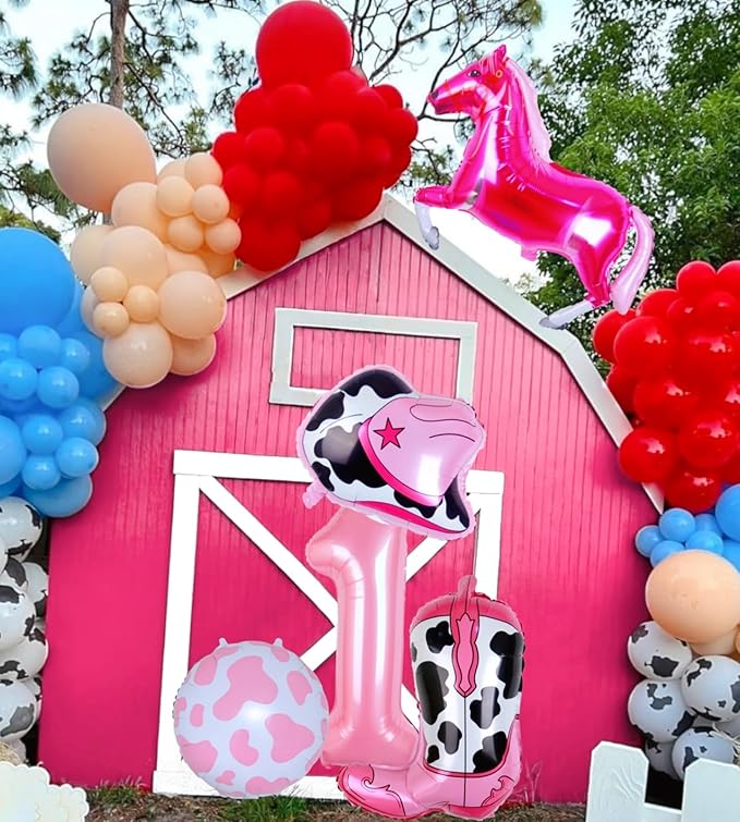 Cowgirl Balloons First Rodeo Birthday Party Decorations for Girls, Pink Horse Hat Boot Cow Balloons Disco Girl 1st Rodeo Birthday Party Decor Supplies Favors (32 Inch Pink 1)