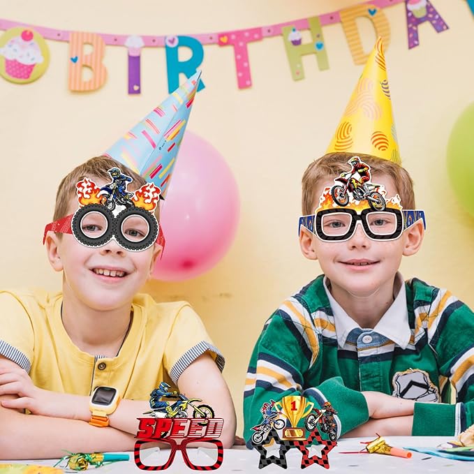 24 PCS Dirt Bike Party Paper Eyeglasses, Dirt Bike Party Favors Decorations Supplies, Motocross Birthday Party Decorations Gifts Photo Booth Props for Kids Boys Girls