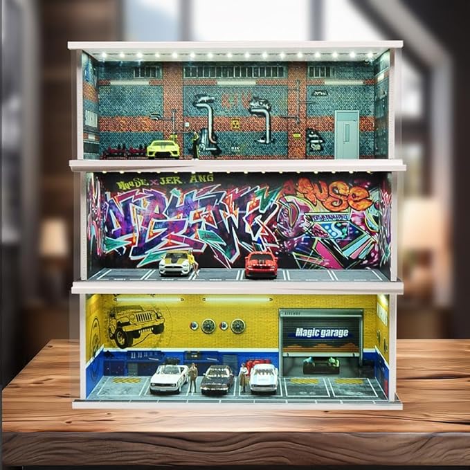1/64 Model Car Display Case Diecast Diorama Garage，Simulated Parking Lot Model Miniature Scene Parking Lot PVC Assembly with Light Parking Space Model Display Frame Toy Display Box (Yellow)