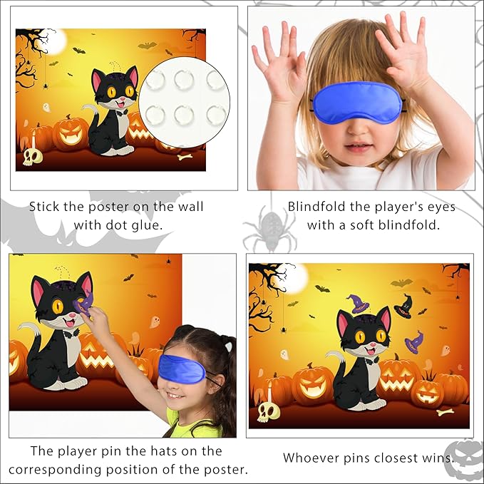 Morcheiong Halloween Game Pin The Tail on The Cat Game with 36 Hats, Halloween Party Activities Favors Supplies for Kids