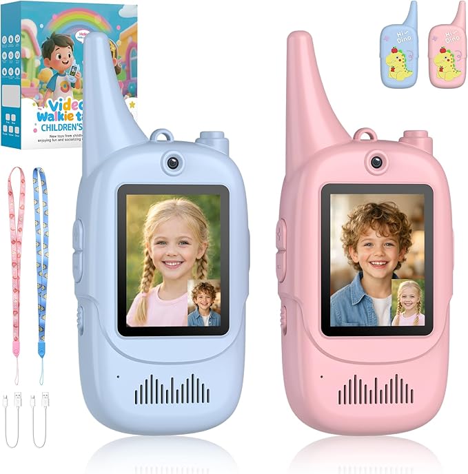 Anbte Video Walkie Talkies for Kids with Screen, Rechargeable Walkie Talkies 2 Pack with Cute Silicone Case, 6 Voice Changers, Long Range, for Kids Ages 3-8, Indoor Outdoor Camping Toys, Blue Pink