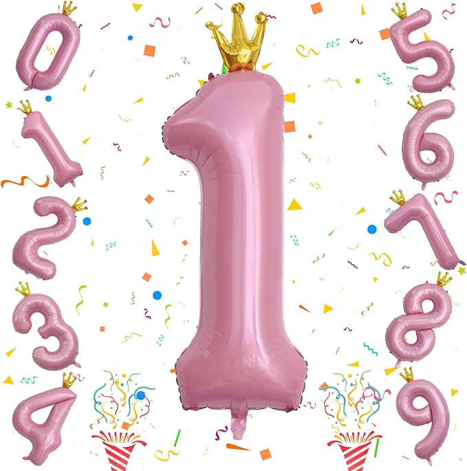 Crown Pink Number 1 Balloon for Girls 1st Birthday Party, 40 Inch Large Number Foil Helium Pastel Pink Balloons 0-9, for Women 10th Birthday Party Baby Shower Anniversary Party Decoration Supplies