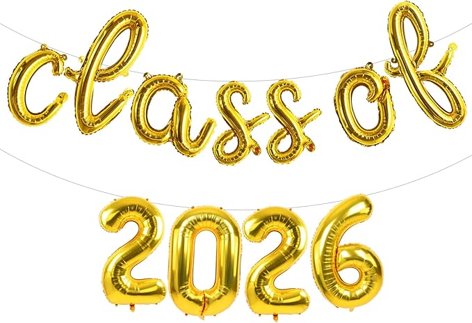 TONIFUL Gold Cursive Class of 2026 Graduation Balloon Banners 2026 commencement Decor Grad Foil Balloons 2026 Congrats Grad Balloons for Class of 2026 Congratulation Graduation Party Supplies