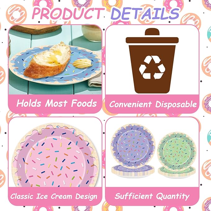 96Pcs Ice Cream Party Decorations Sweet One Birthday Plates Tableware Set Colorful Sprinkle Dessert Theme Dinner Paper Plates Napkins Donut Theme Dinnerware for Girls Baby Shower Party Supplies Favors