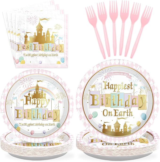 Grencian 96 Pcs Princess Castle Birthday Party Decorations Happy Birthday on Earth Paper Plates Pastel Rainbow Stripes Plates and Napkins Gold Glitter Tableware Set for Girl Baby Shower Supplies