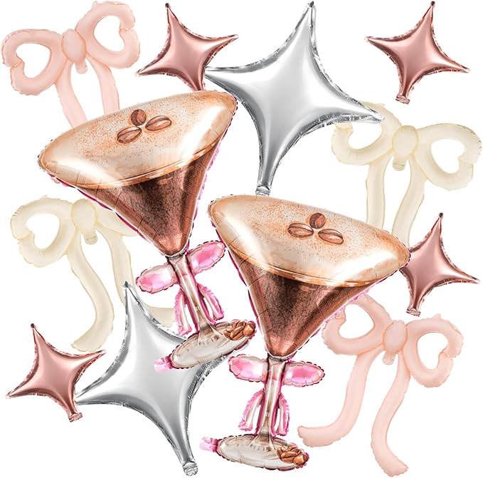 Civaner 12 Pcs Espresso Martini Balloon with 2 Realistic Giant 32 x 26 Inches Martini 4 Pink Bow and 6 Star a Tini Bit Older Birthday Party Decor for Bachelorette Bridal Shower Wedding Party Supplies