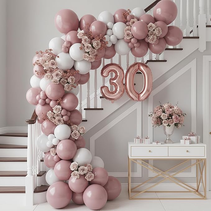 RUBFAC Dusty Pink Balloons 129pcs Different Sizes Pack of 18 12 10 5 Inch, Latex Boho Blush Pink Balloon Garland Arch Kit for Baby Shower Engagement Bachelorette Wedding Birthday Party Decorations
