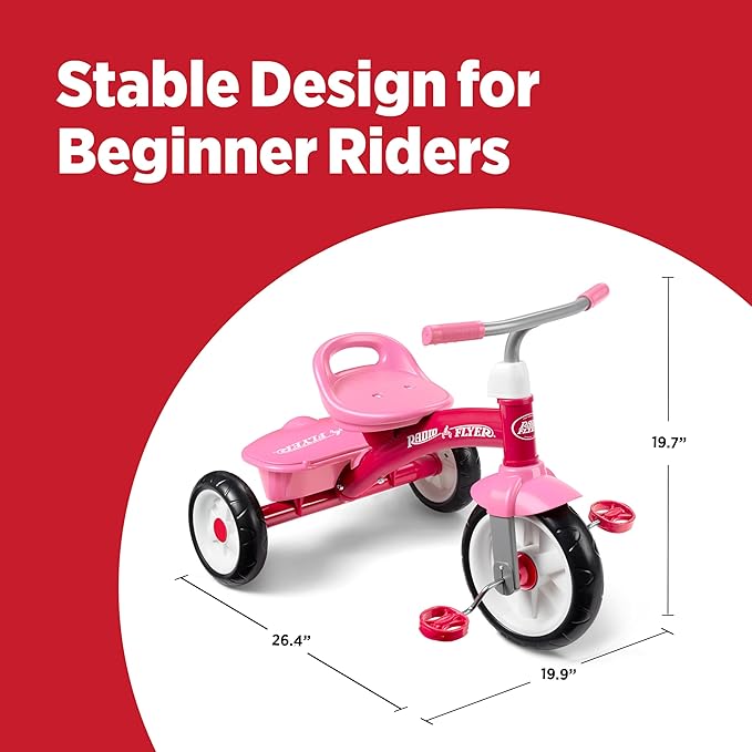 Radio Flyer Pink Rider Trike, Ages 2.5-5, Adjustable Seat, Steel Construction, Quiet Ride Wheels, Storage Bin, Comfort Grip Handlebars, Tricycle for Toddlers, Amazon Exclusive