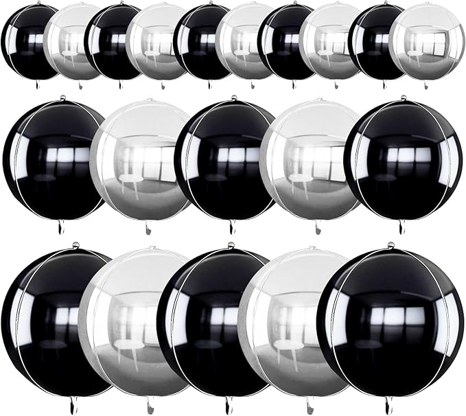 TONIFUL 16Pcs Large Black Silver 4D Giant Round Foil Balloon 4D Mirror Metallic Mylar Sephere Balloons for Christmas New Year Birthday Party Graduation Wedding Baby Shower Decoration Supp(Mix Sizes)