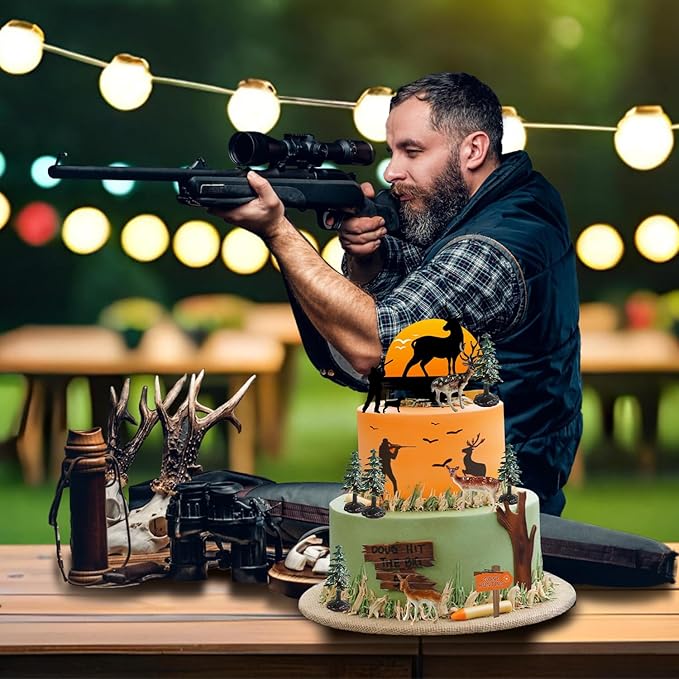 13PCS Deer Hunting Cake Topper Deer Hunter Cake Decoration Set Deer Tree Green Camo Hunting Birthday Decorations for Camo Camping Hunting Birthday Baby Shower Party Supplies