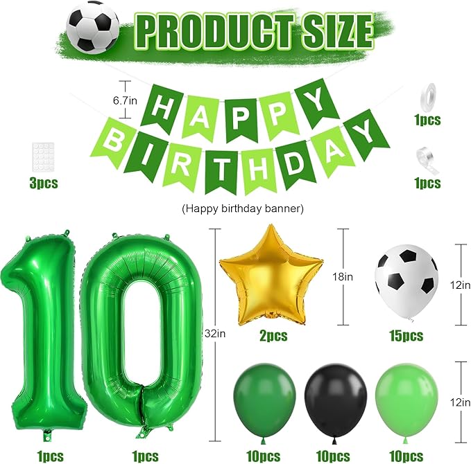 Soccer Birthday Party Decorations for Boys, 10th Soccer Birthday Decoration with Green Black White Balloons 'HAPPY BIRTHDAY' Banner Cake Toppers 32in Foil 10 Balloon for Boys Sports Party Decor