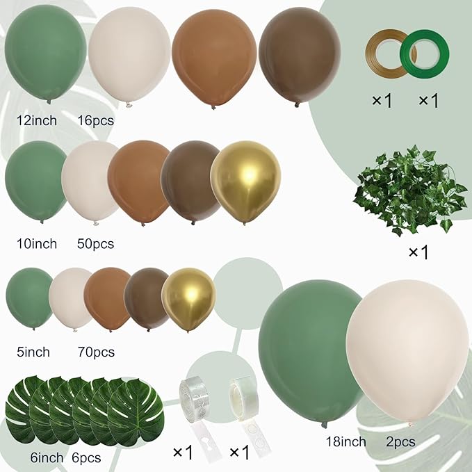 PERPAOL 148pcs Woodland Safari Jungle Wild One Balloon Garland Arch Kit Sage Green and Brown Sand white Balloons with Palm Leaves for Tropical Boho Birthday Party Supplies Baby Shower Decorations